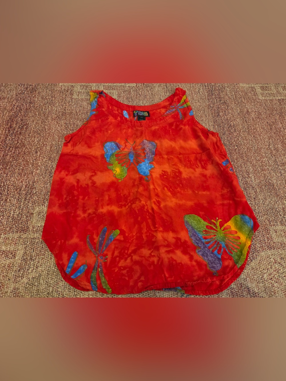 Vintage batik tropical tantrum bold rounded hem butterfly dragonfly top xs